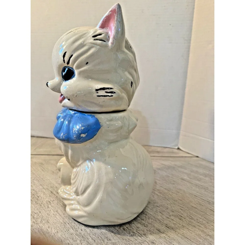 Vintage American Bisque Fluffy Cat Cookie Jar Blue Bow 1940s 1950s Pottery USA